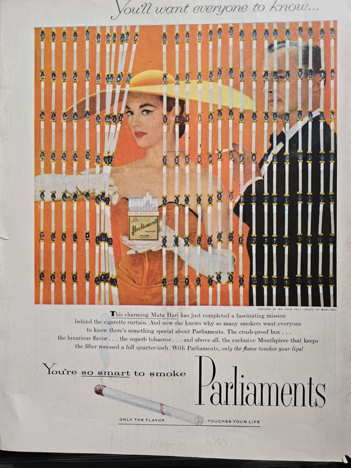 1955 Parliaments Cigarettes Mata Hari Women's big Mr. John Hat Vintage ad