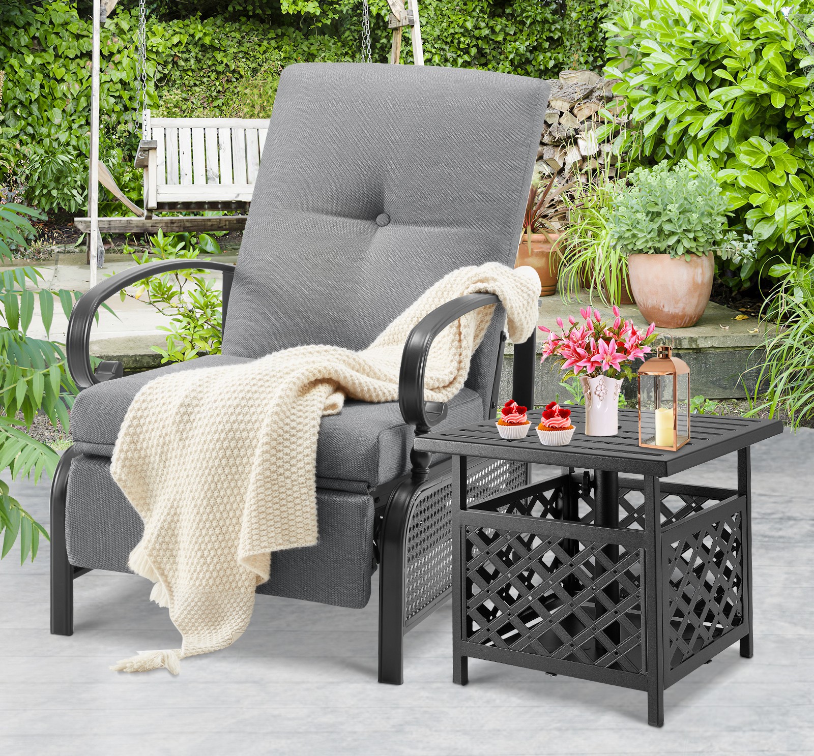 Adjustable Outdoor Recliner Lounge Chair, Patio Pool Chair Navy Blue Cushion