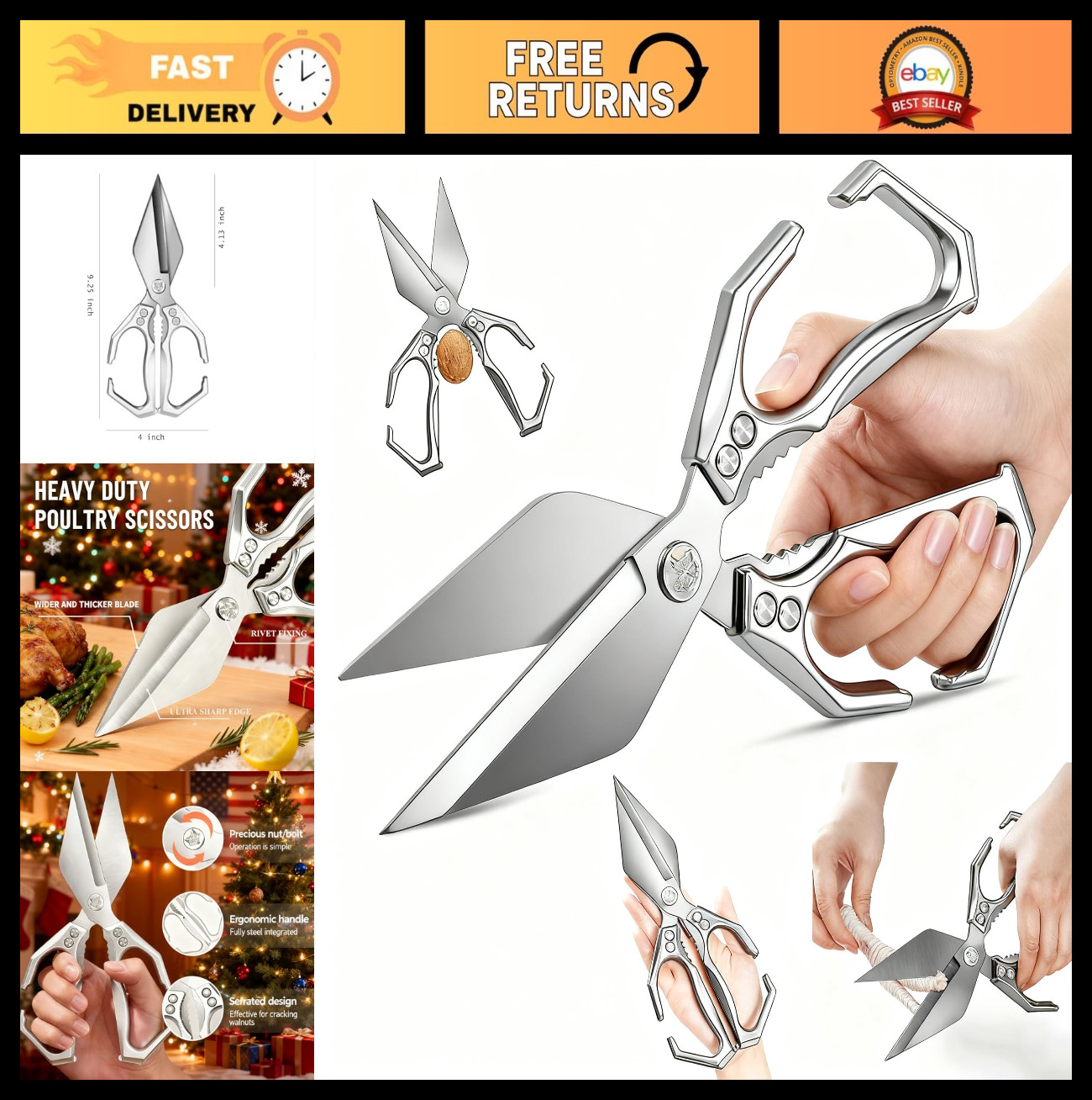 Heavy-Duty Kitchen Shears - Ultra Sharp Stainless Steel Food Scissors for Meat,