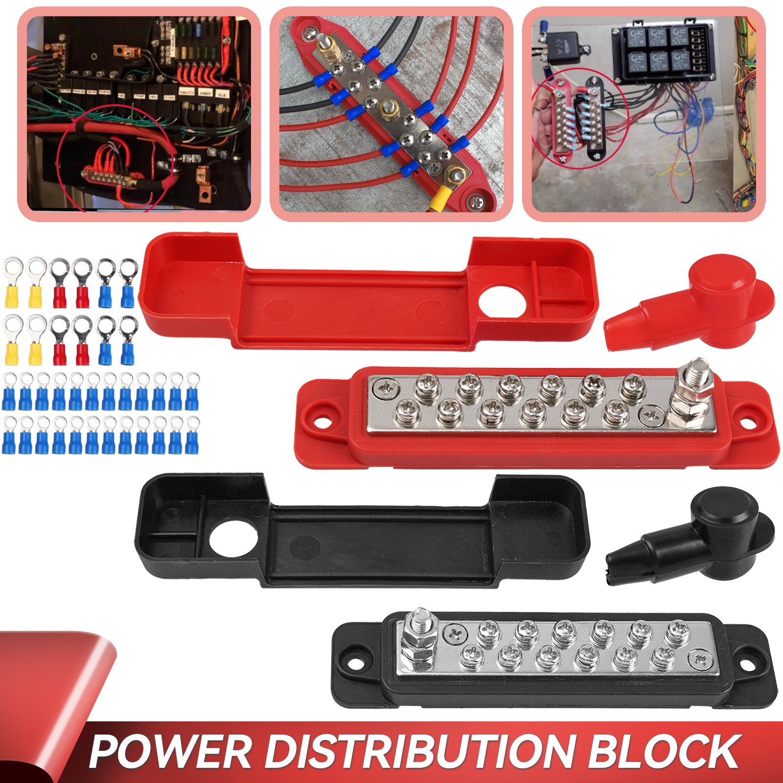 12 Way red + Black Bus Bar Power Distribution 12V 180A Rated Terminal Block Auto