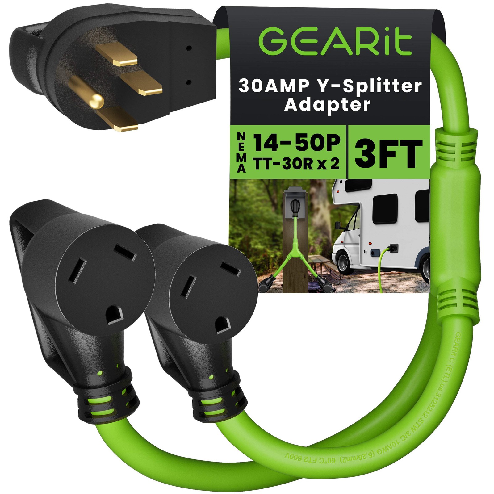 50 Amp NEMA 14-50P to Dual 30 Amp NEMA TT-30R Splitter Power Cord Adapter 10AWG