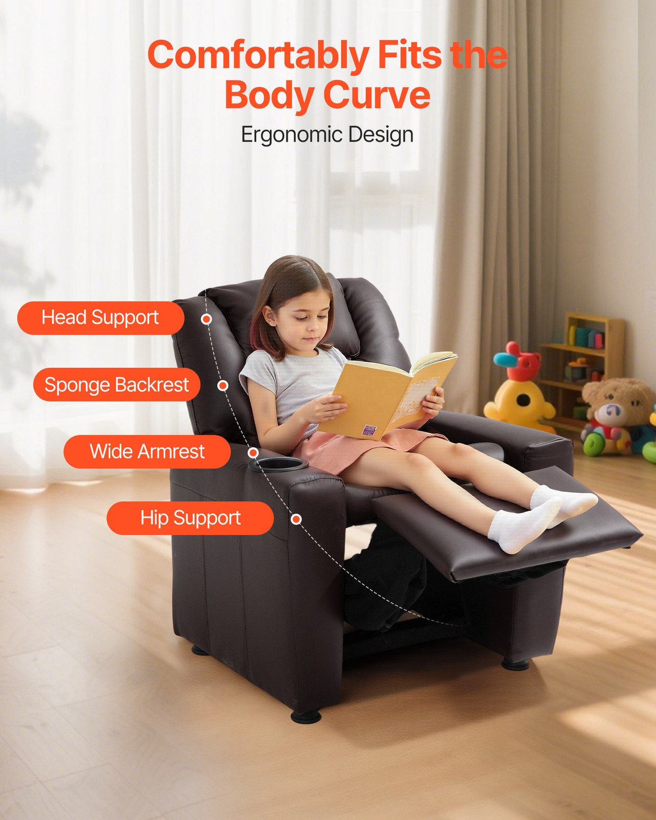 VEVOR Kids Reclining Chair PU Leather Toddler Recliner with Cup Holder (Brown)