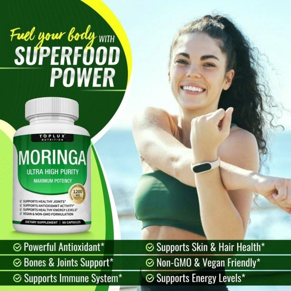 TOPLUX Moringa Capsules 1200mg Pure Moringa Powder Immune Gut health 90 Capsules