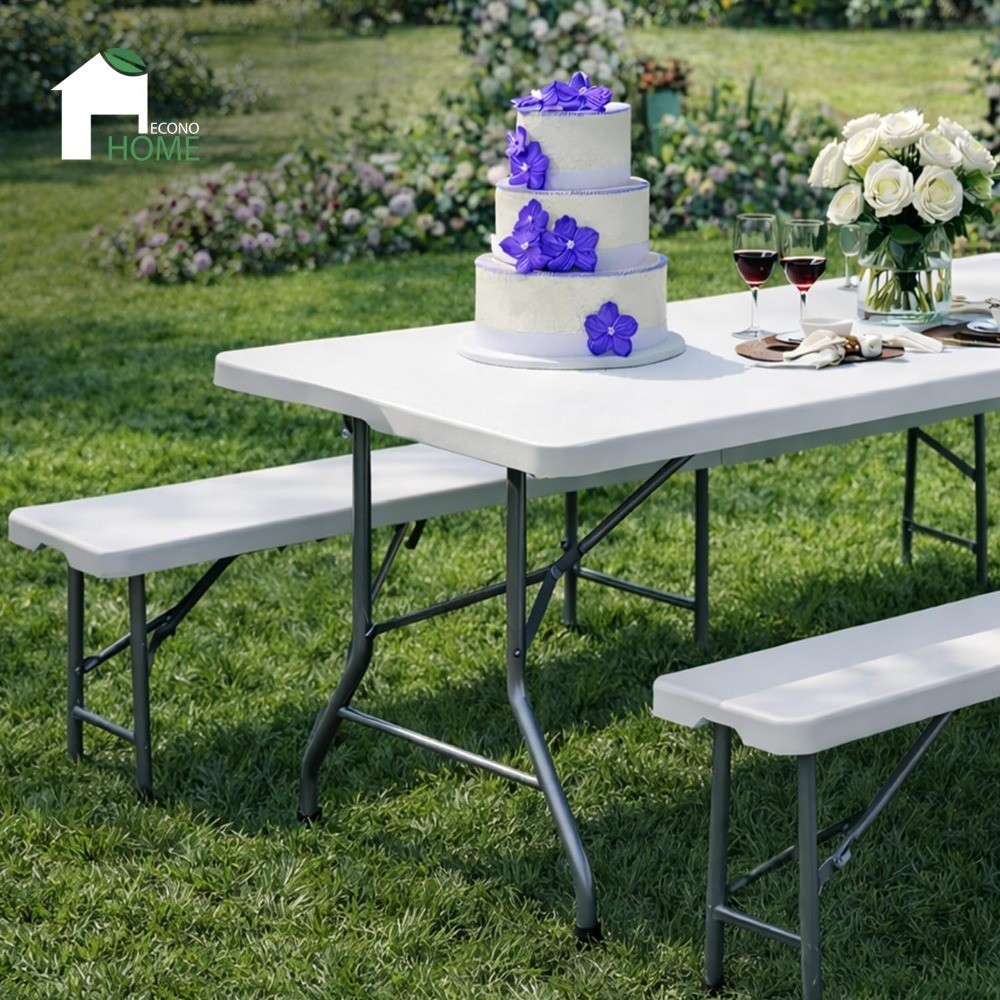 6 Ft White Plastic Folding Table Set with 2 Benches – Heavy-Duty Picnic Table