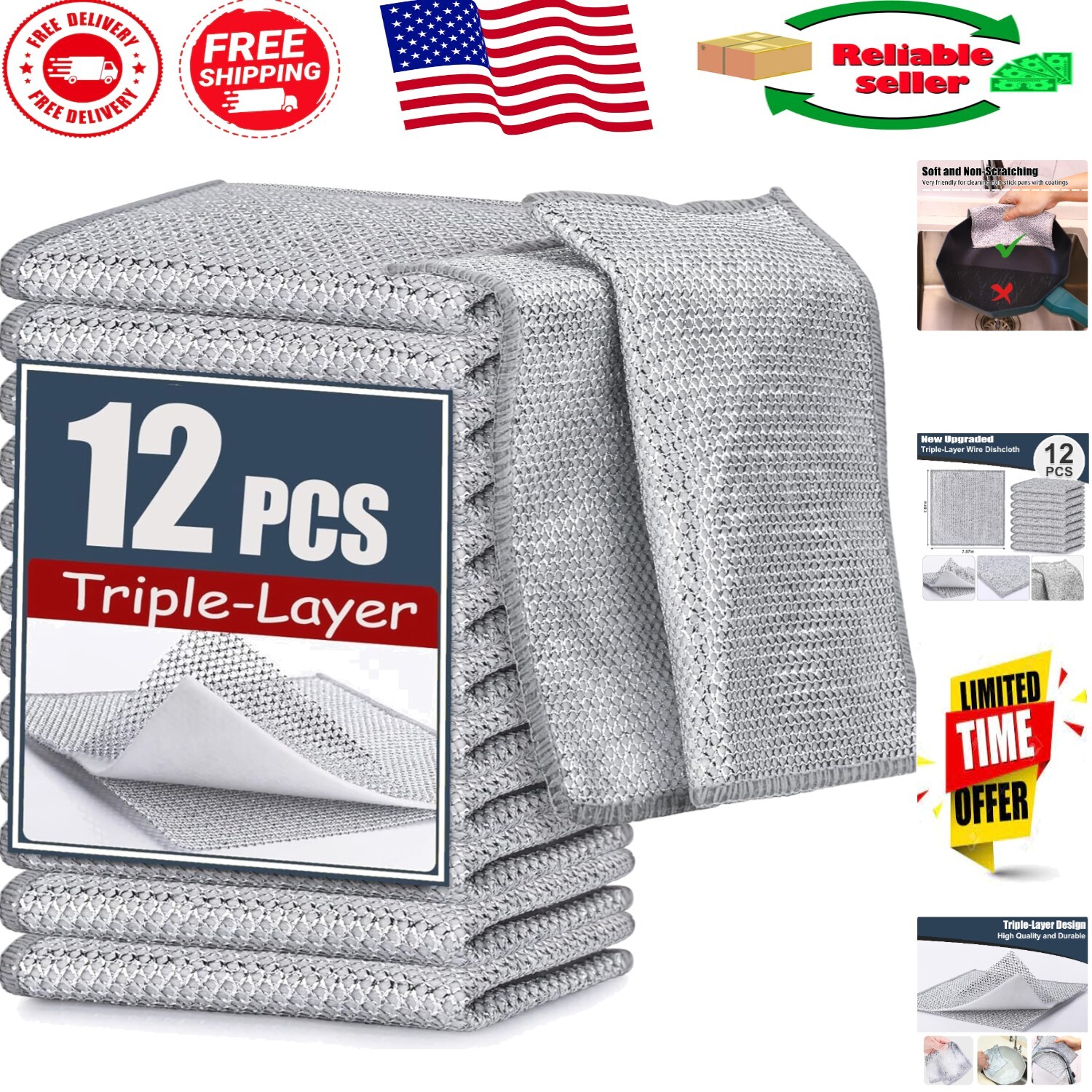Durable Triple-Layer Steel Wire Dishcloths – 12 Pack for Effortless Cleaning