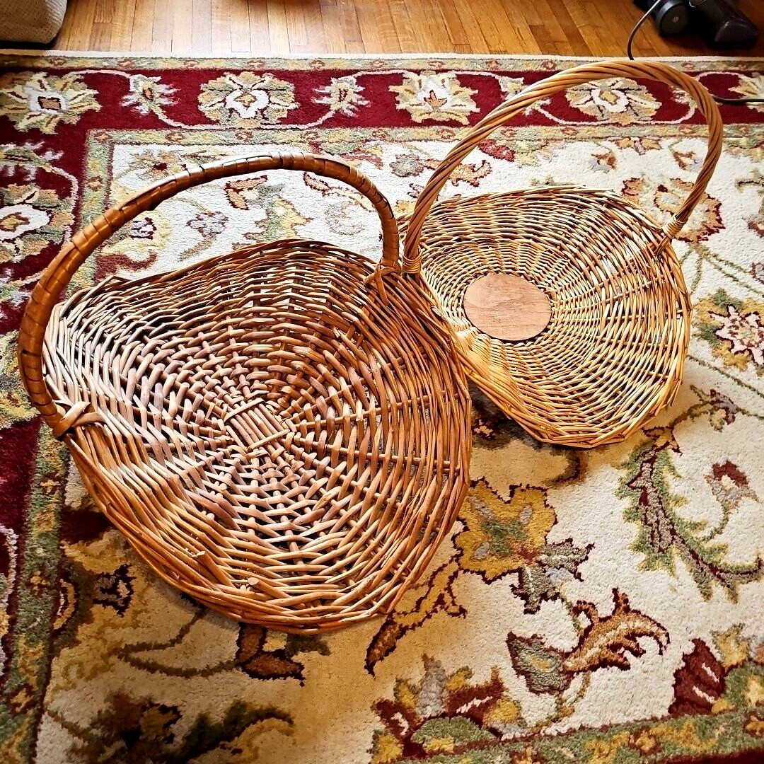 Flower Gathering Basket Lot of 2 Woven Wicker Herb Garden Vintage Large 22” Farm