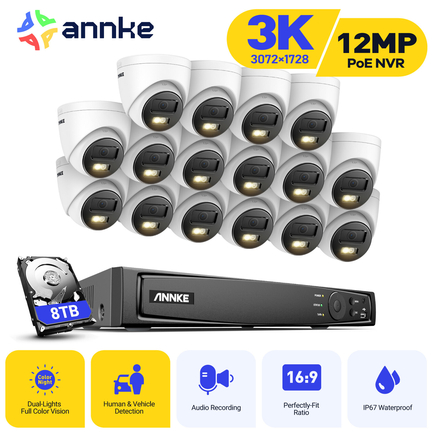ANNKE 16CH 12MP NVR 3K 5MP Audio POE Security Camera System AI Color Night IP67