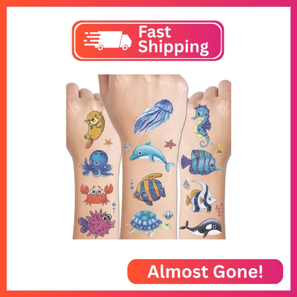 CHARLENT 120 Pcs Glitter Under the Sea Creature Temporary Tattoos for Kids