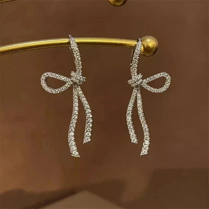 14K White Gold Plated 1Ct Lab Created Diamond Bow Long Tassel Dangle Earrings
