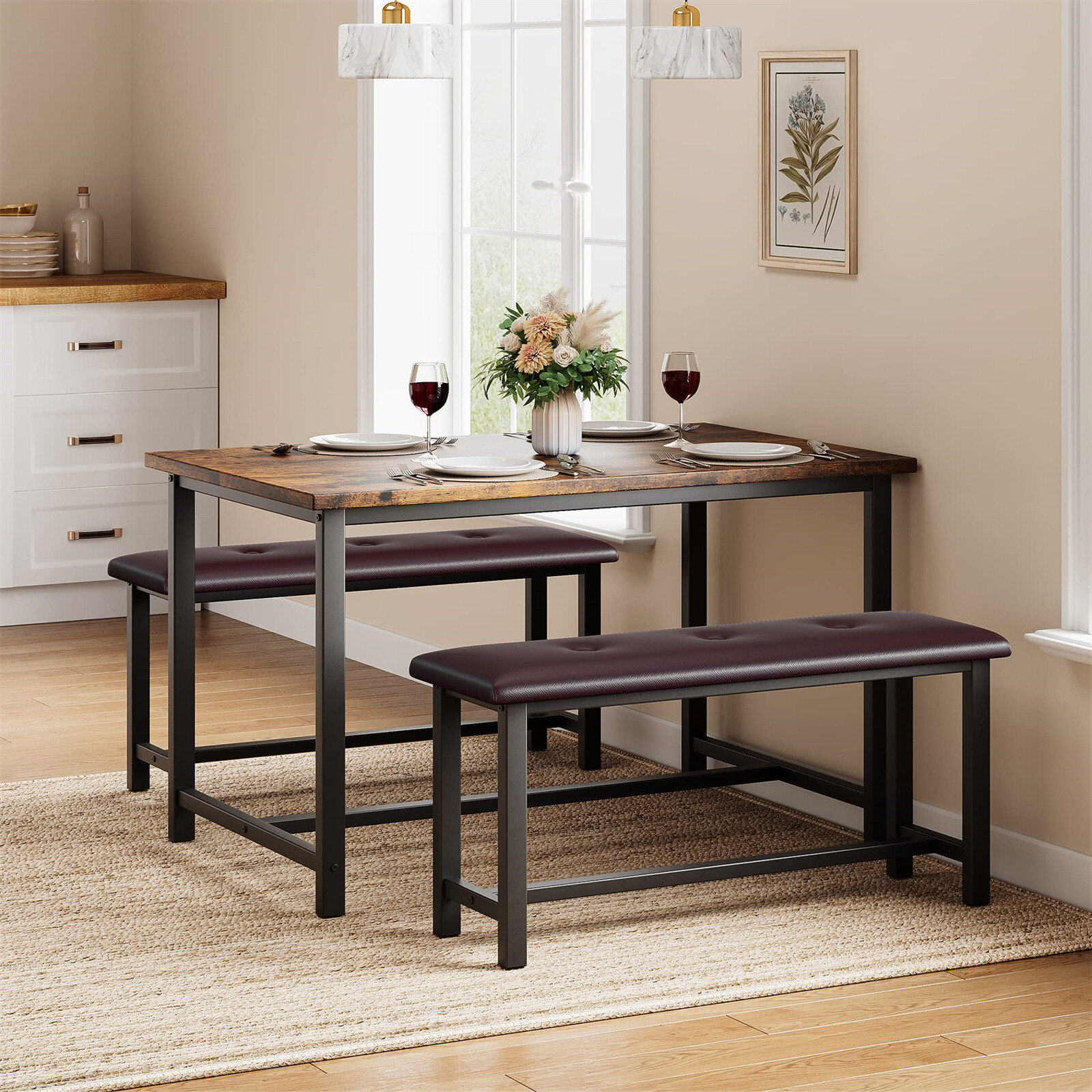 Kitchen Table Set with 2 Benches Dining Table Set Upholstered Benches Dining Set