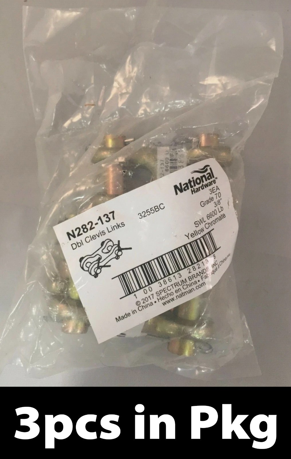 3pcs National Hardware N282-137, 3/8" Yellow DBL Clevis Links