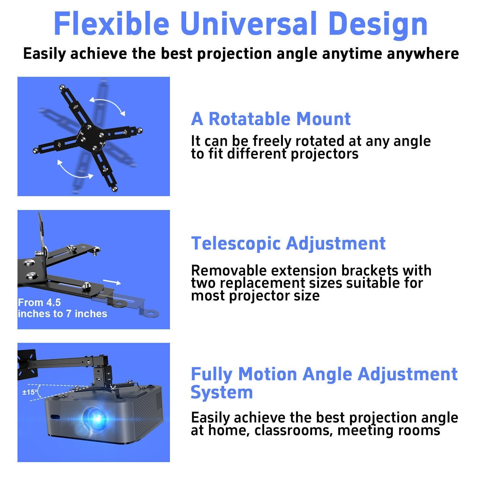3in1 Projector Ceiling Mount Wall Bracket Holder Universal Fits Flat or Sloped