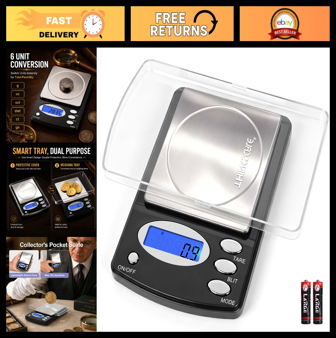 Digital Coin Scale 1000g x 0.1g for Coins, Gold, Silver, Jewelry - Backlit LCD,