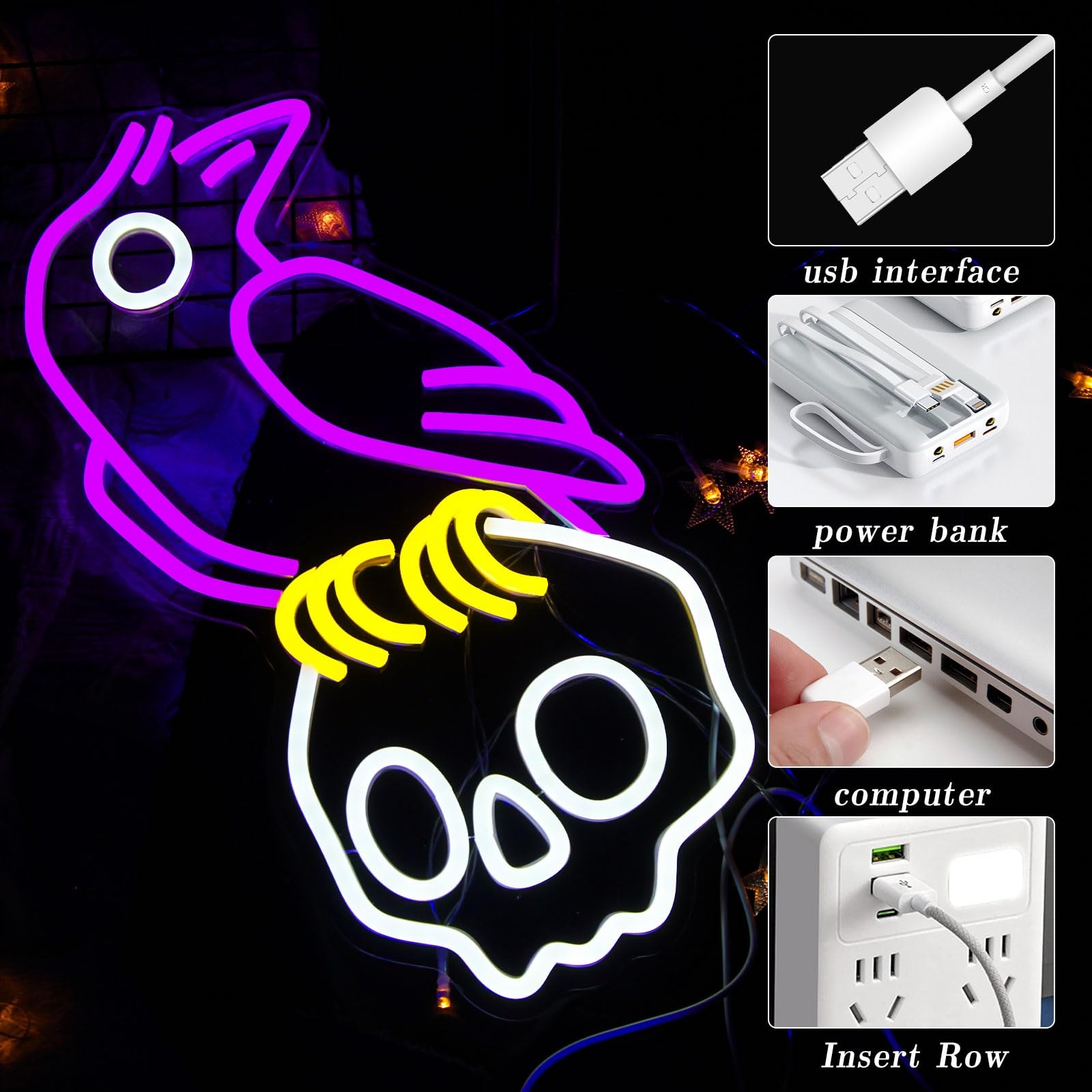 Crow Skull Neon Sign for Wall Decor Dimmable Skull Light Horror Neon Signs Sk...