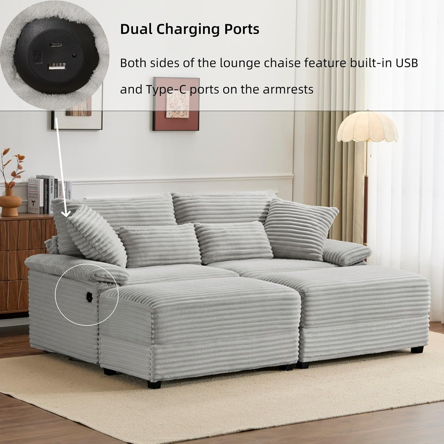 Double Lounge Chaise Indoor with Reversible Storage Ottoman/Table, USB Port & Pi