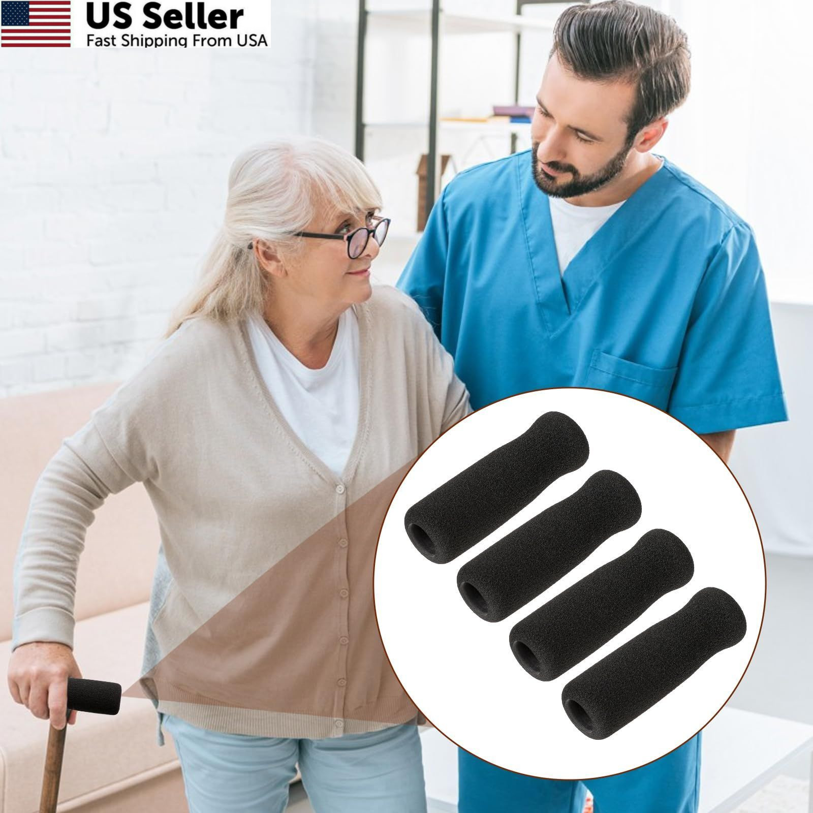 KALIONE 4 Pack Cane Grips Black Foam Offset Handle Replacement Seniors
