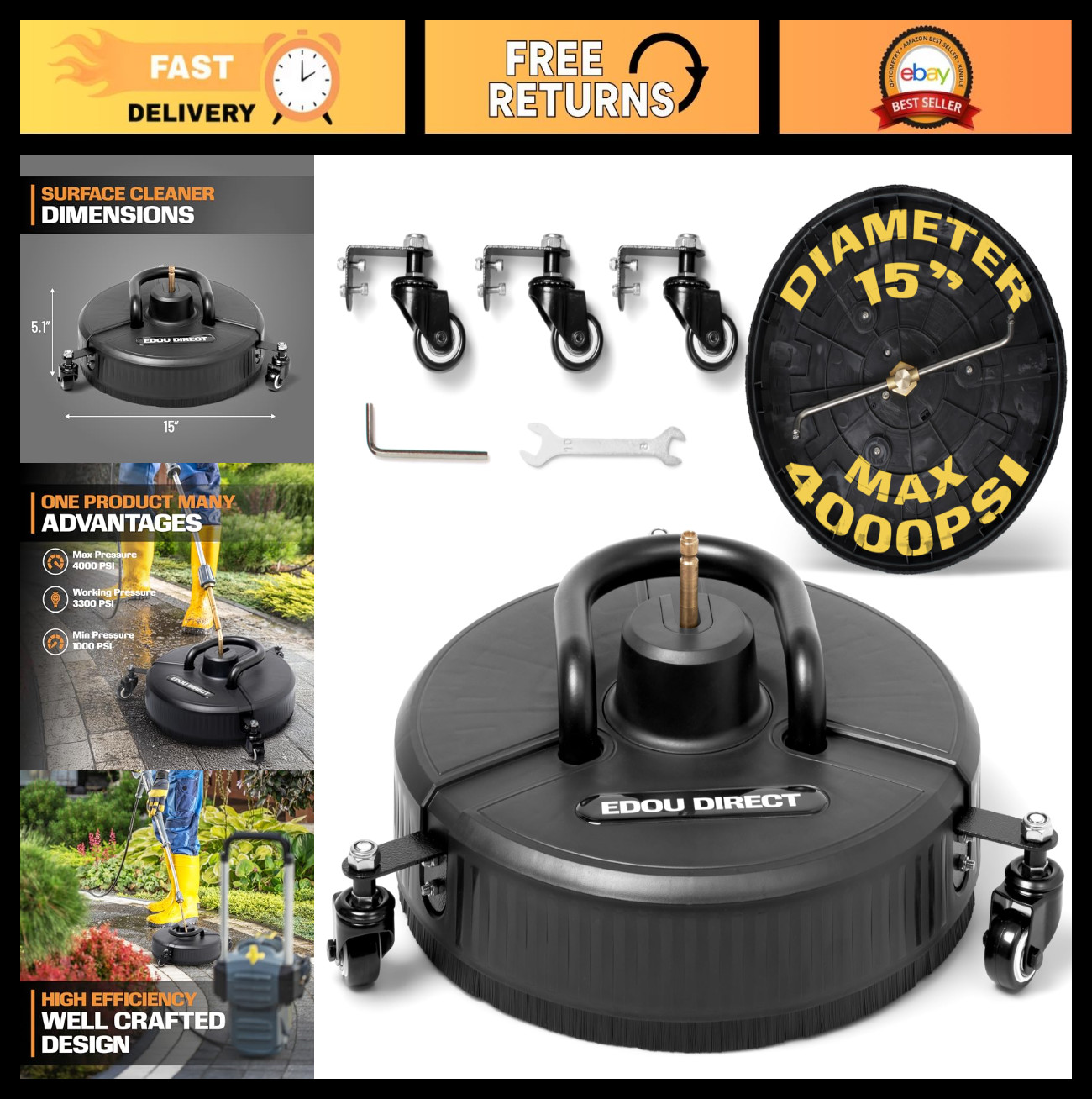 15" Pressure Washer Surface Cleaner with Wheels & Handle - Heavy-Duty, 1/4" Quic
