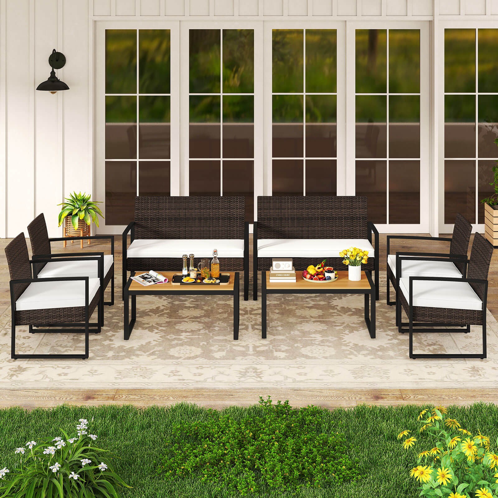 8 PCS Patio Furniture Set w/ Cushioned Chairs & Wood Plastic Coffee Table