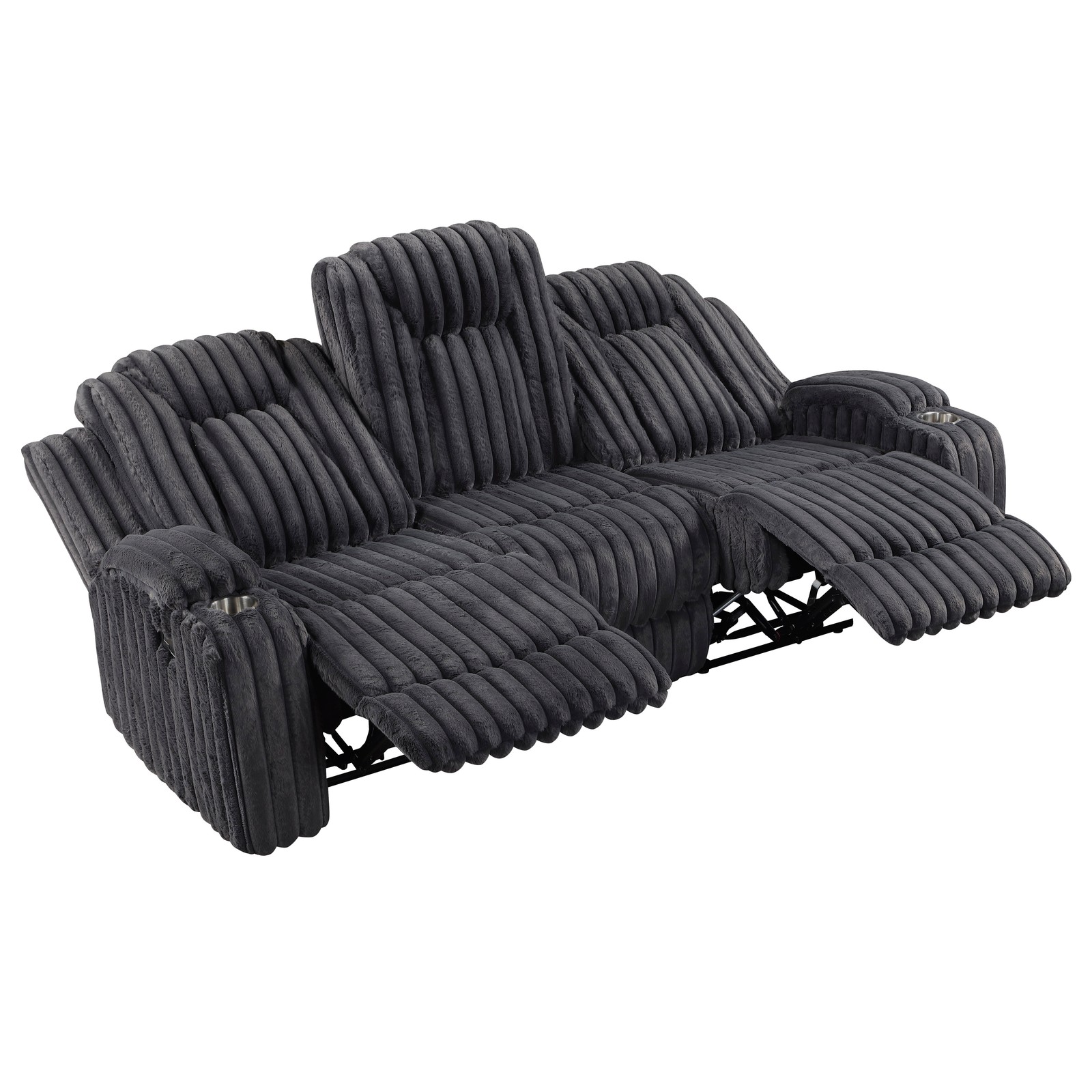 Reclining Sofa w/ Cup Holders Dark Gray Corduroy 3 Seater Living Room Furniture