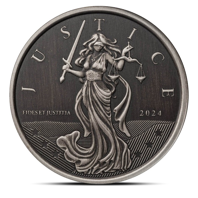 2024 1 oz Gibraltar Lady Justice Silver Coin (Antiqued)