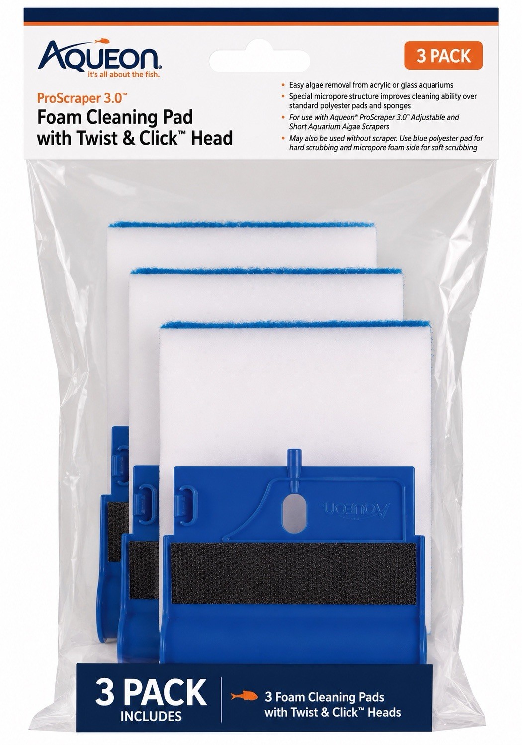 Aqueon ProScraper 3.0 Foam Cleaning Pad & Twist & Click Head (3 PACK)