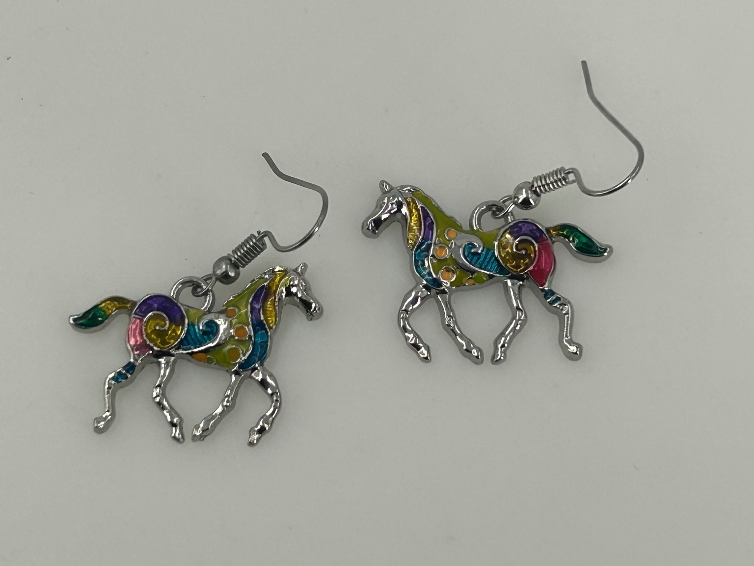 Colorful Enamel Horse Dangle Earrings Silver Tone Metal Equestrian Jewelry