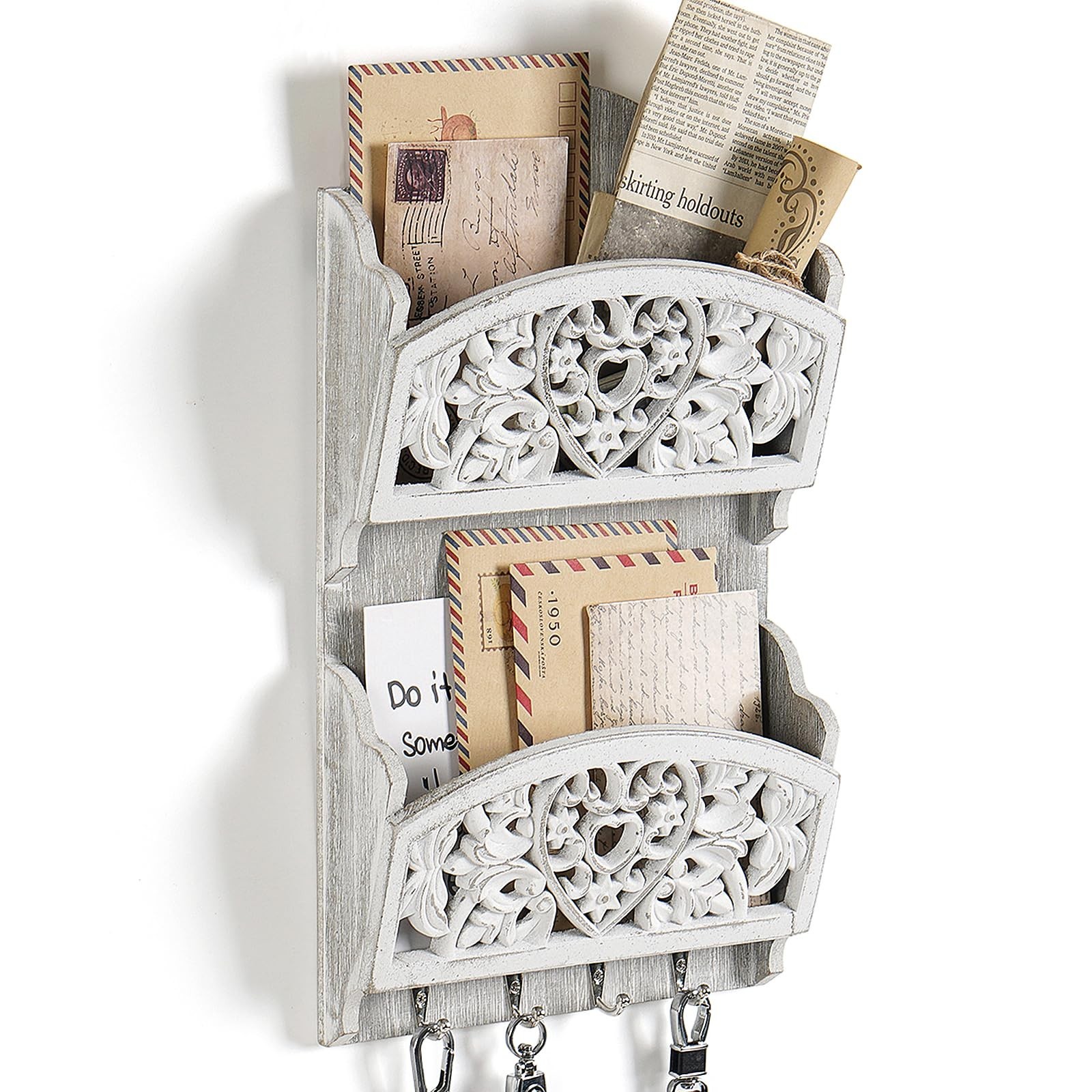 Mail Organizer with Key Holder,2-Slot Mail Holder with 4 Key Hooks for Wall D...