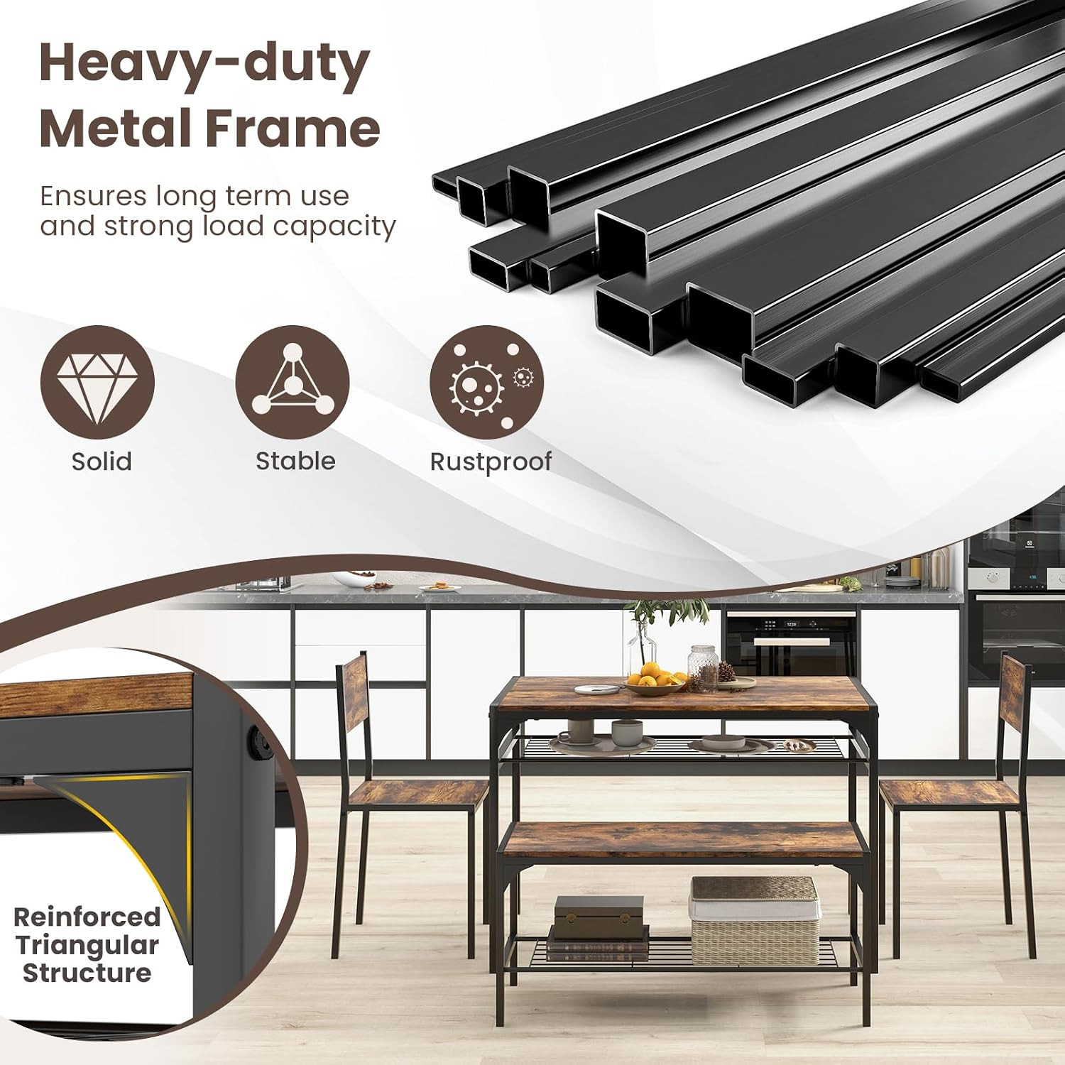 Dining Table Set for 4, Kitchen Table with Chairs & Bench, Storage Racks, Metal