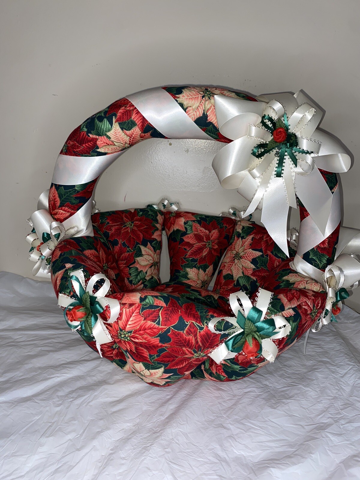 15” Handmade Christmas Quilted Fabric Basket Red Green poinsettia ribbons Flower