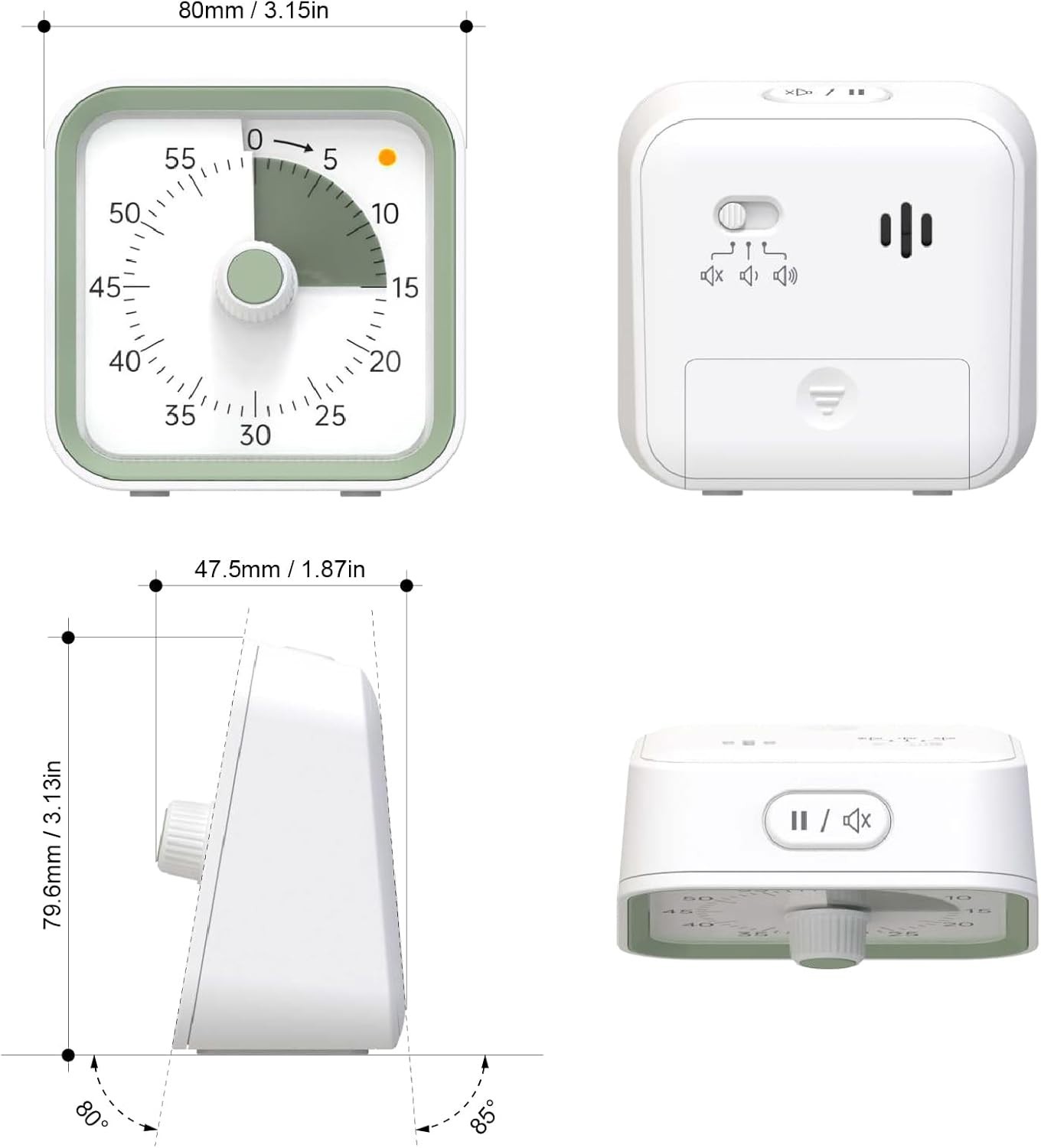 Portable Visual Countdown Timer for Kids - 60-Minute Timer with Pause, White