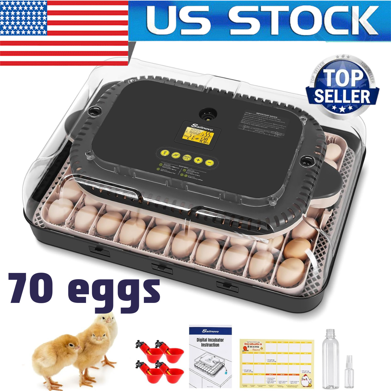 70 Egg Incubators for Hatching Eggs w/Automatic Egg Turning Built-in LED Candler
