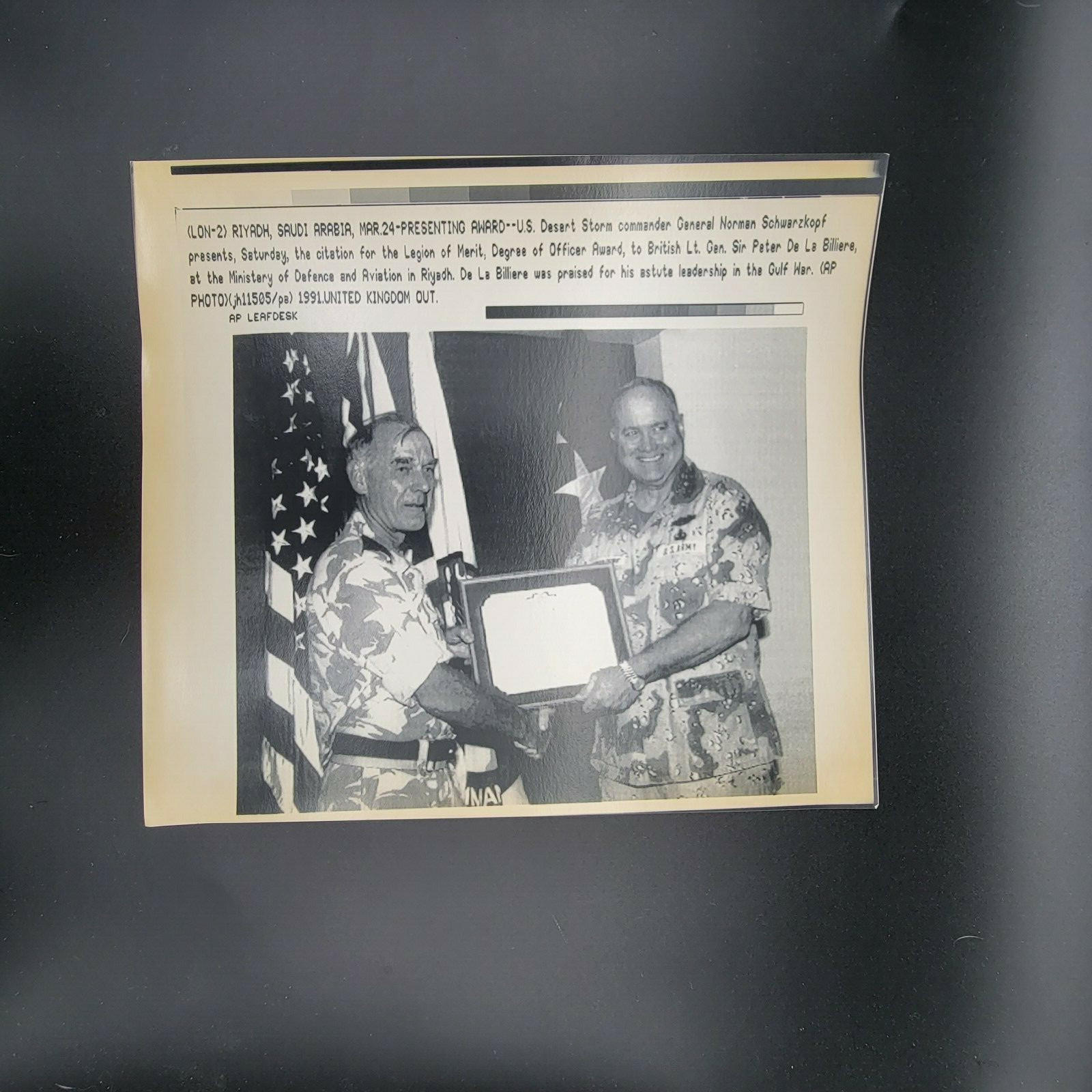 Schwarzkopf and De La Billiere AP Leaf Desk Press Photos Persian Gulf War 1991