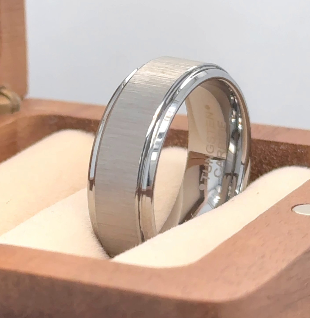 Silver Tungsten Proposal Ring 8mm Matt Finish Stepped Edge Band Future Wife Ring