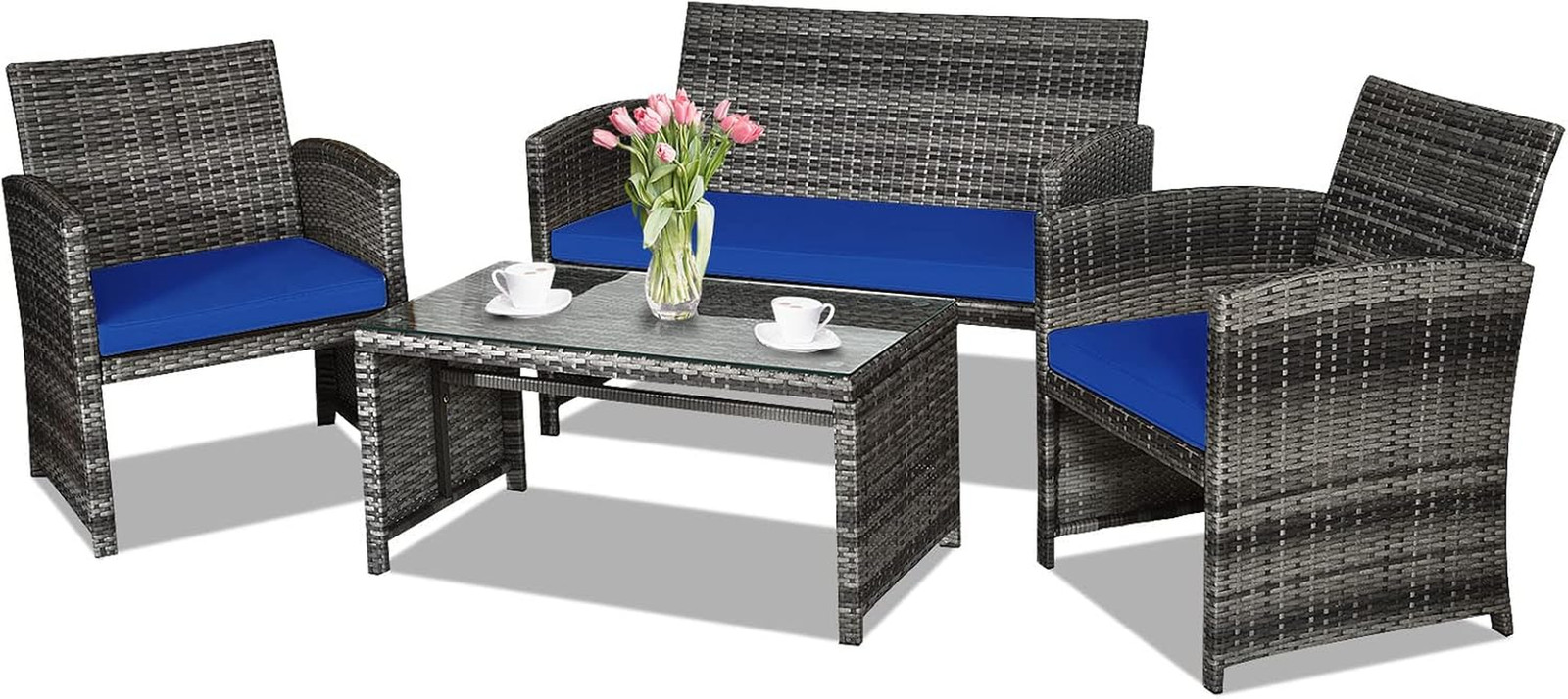 Blue 4-Piece Rattan Patio Furniture Set with Weather Resistant Cushions