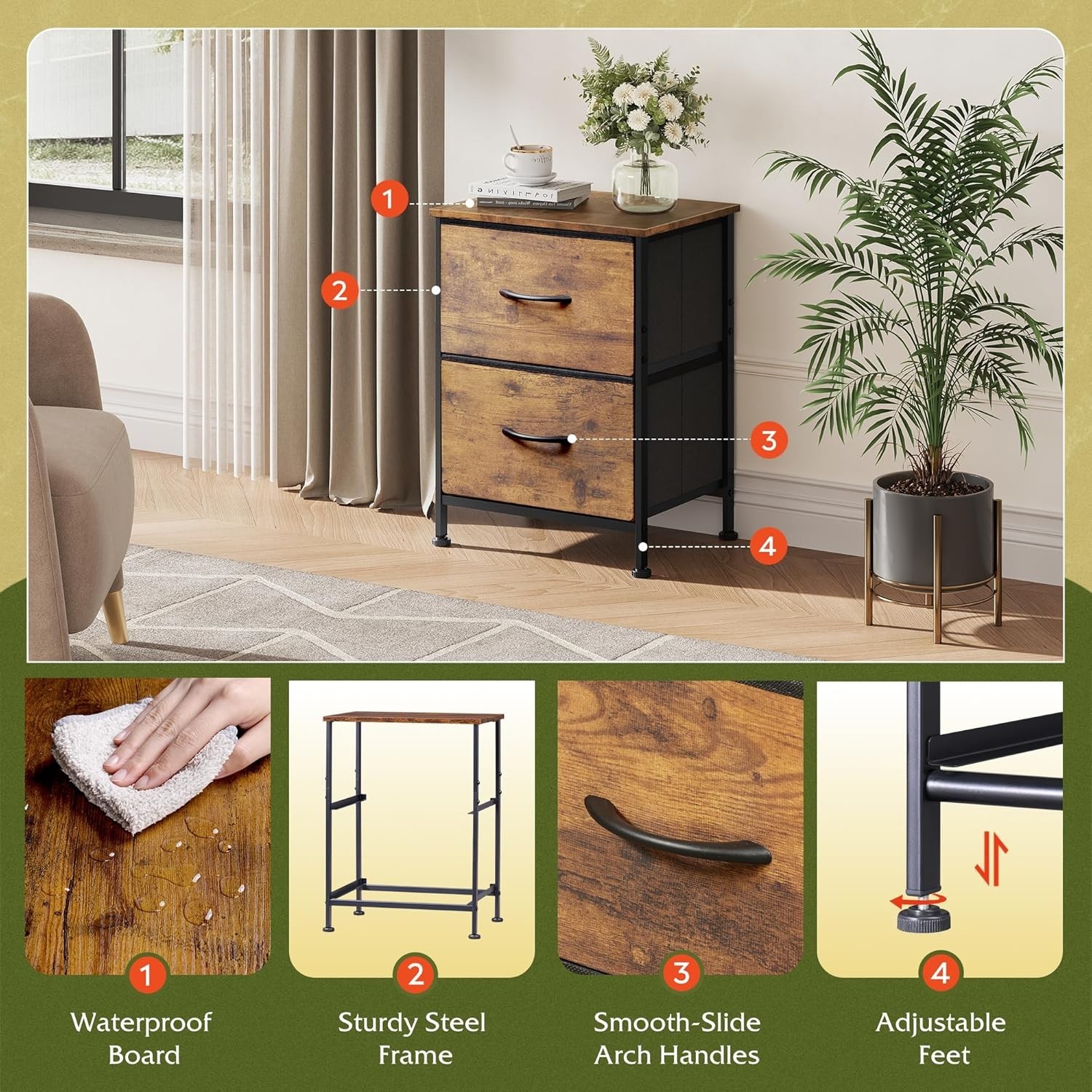 Stylish Bedside Table & Dresser Combo in Rustic Brown with Quick Assembly