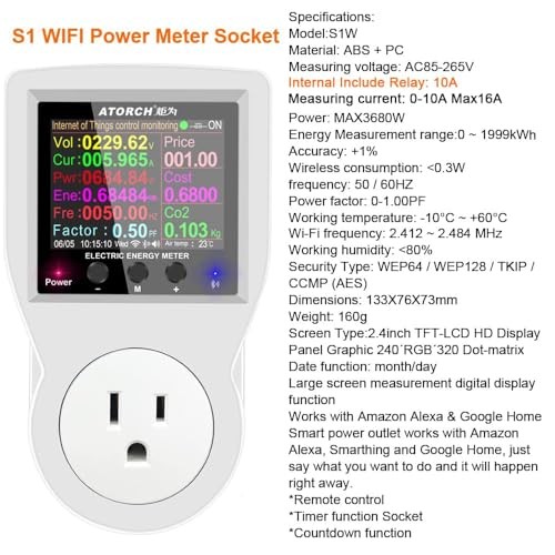 AC WiFi Watt Meter, Plug-in US Socket Power Meter, Electricity bill