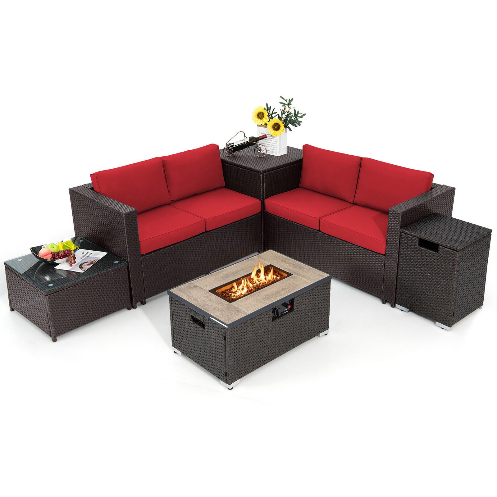 6PCS Patio Sofa & Fire Table Set Rattan Sectional Sofa Set w/Storage Box Red