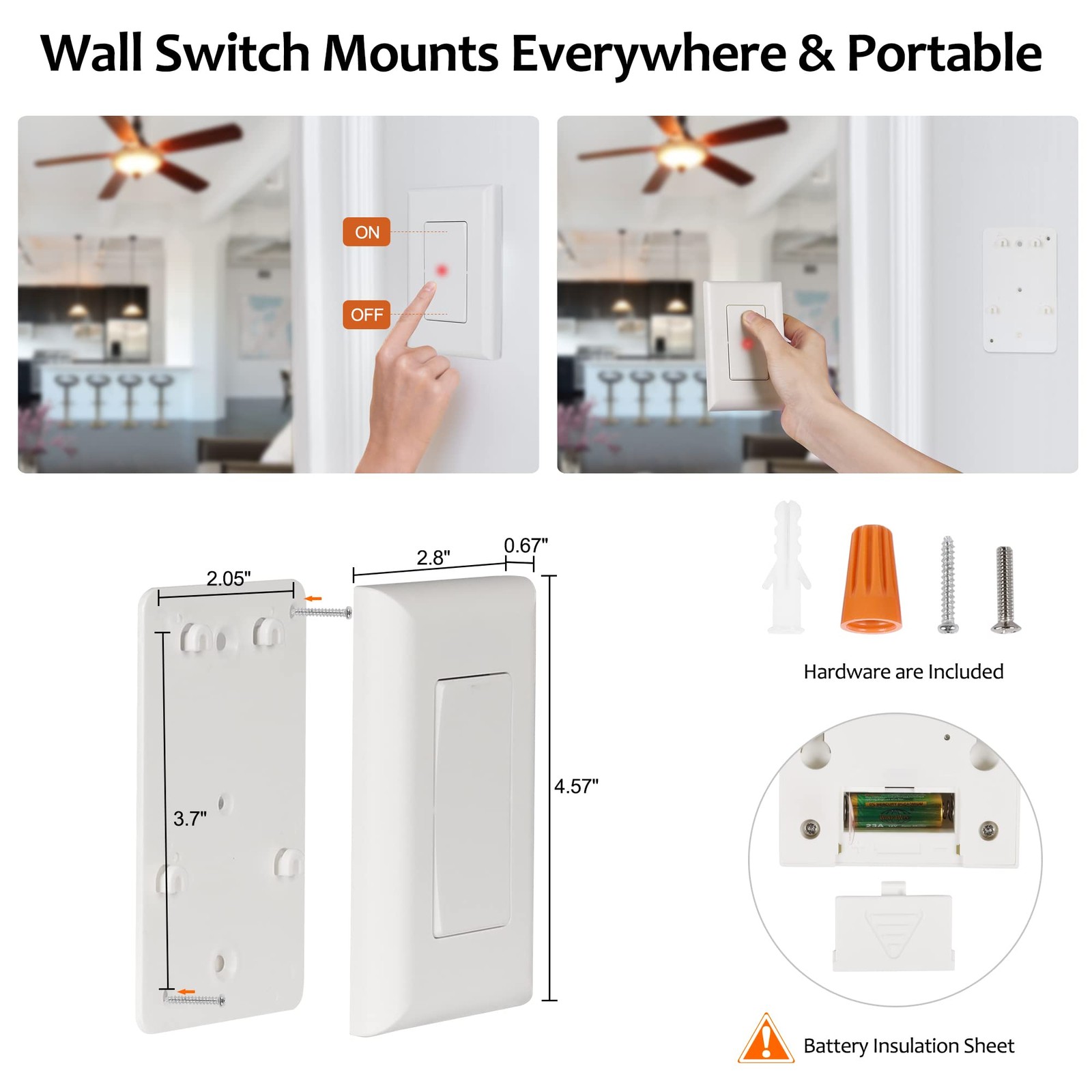 Wireless Light Switch and Receiver Kit, 15A High Power, No Wiring, 100ft RF R...