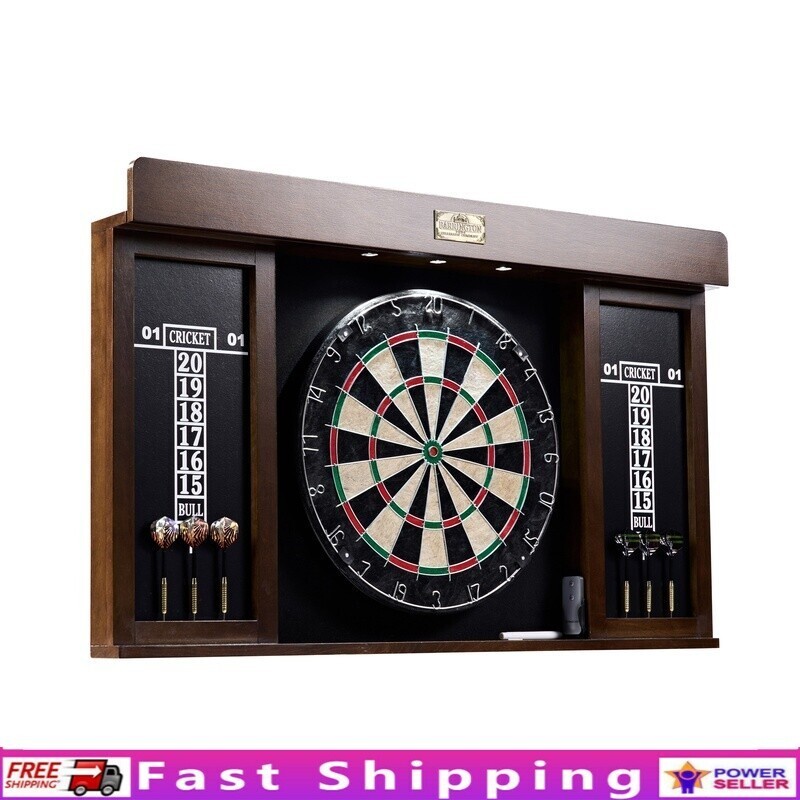 Dartboard Cabinet Set LED Lights Self-Healing Board 6 Steel Tip Darts Scoreboard
