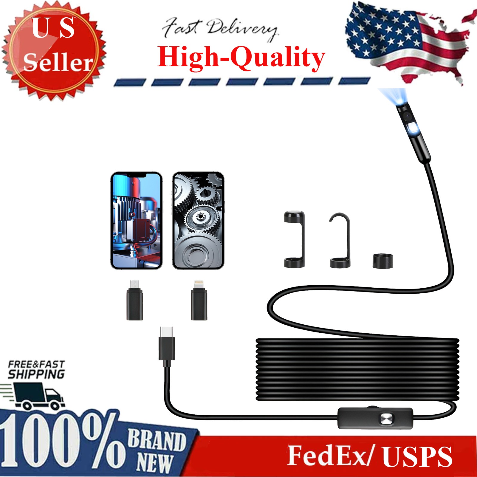 1920P HD Endoscope Camera with IP67 Waterproof Design 16.4ft Semi-Rigid Cable
