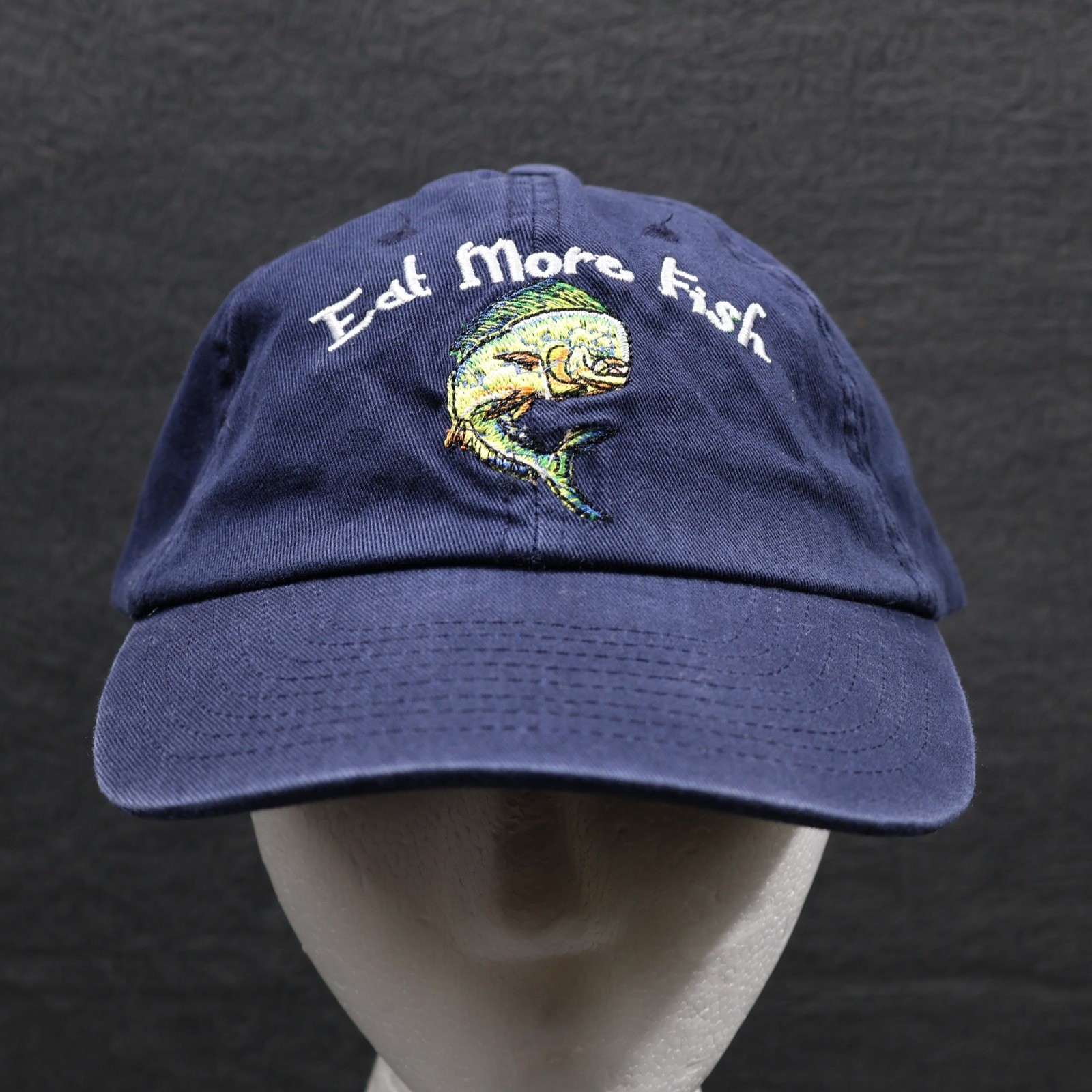 Eat More Fish Hat Navy Blue Embroidered Marlin Adjustable Baseball Cap