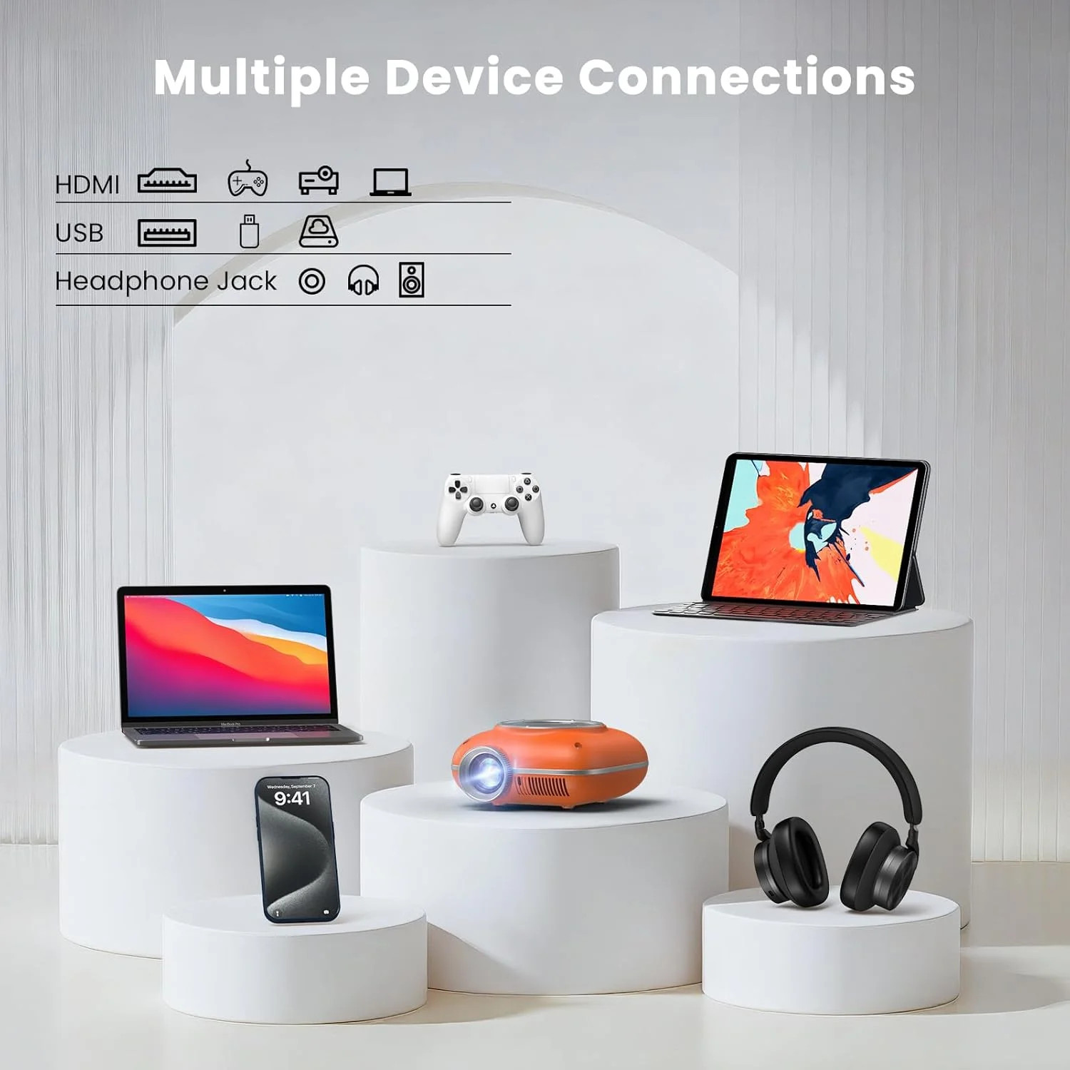 Orange,Mini Projector with Two -Way Bluetooth, Portable Projector, Support1080P