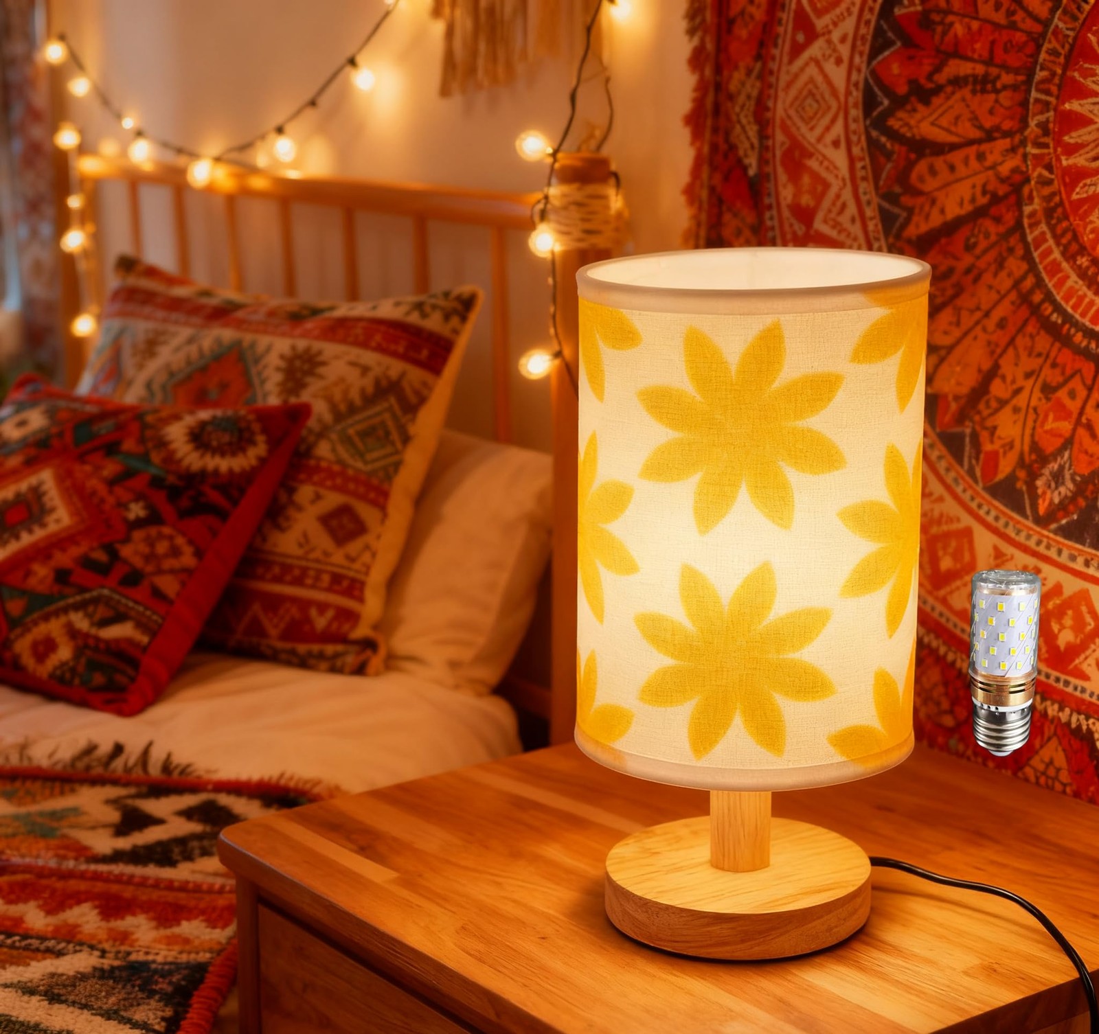 ZSSYLLZ Small Bedside Night 5.1" x x 9.8", Yellow Shade - Wood Base