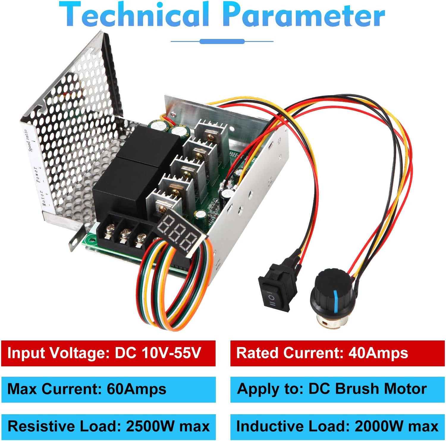 PWM DC Motor Speed Controller, DC 10-55V / Rated 40A, LED Display Stepless DC Mo
