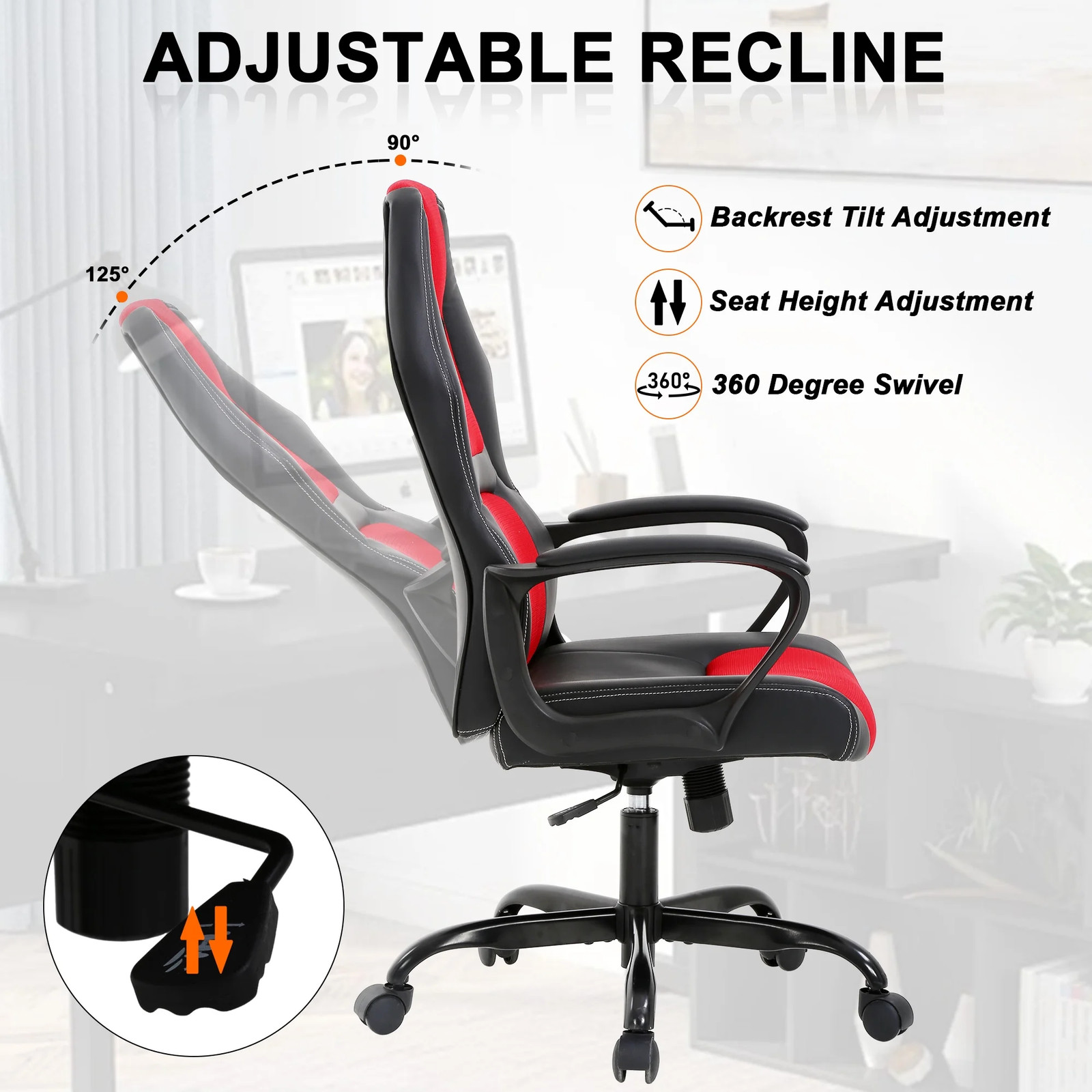 Ergonomic PC Gaming Chair PU Leather with Headrest Lumbar Support Red