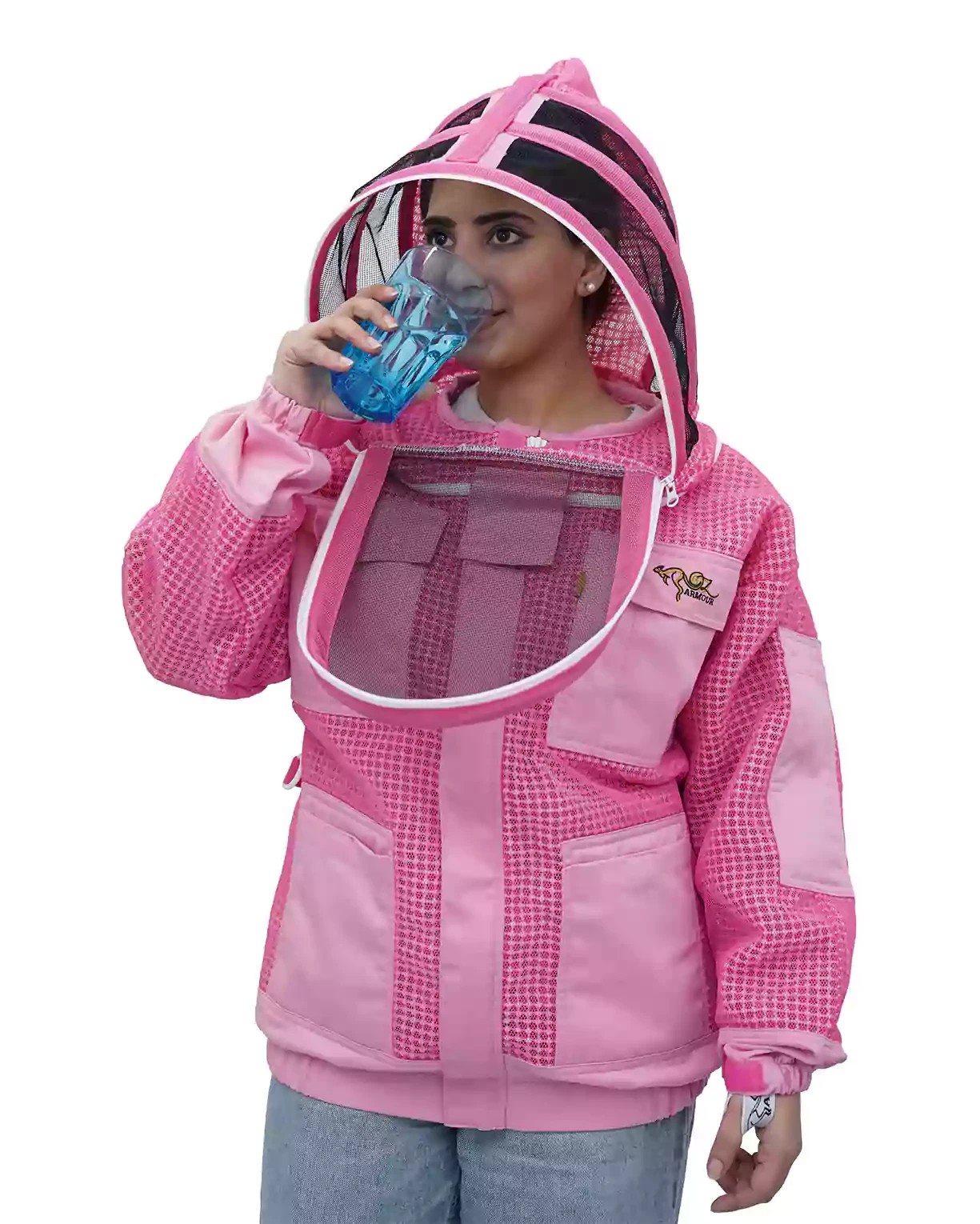 OZ ARMOUR Pink 3 Layer Mesh Ventilated Beekeeping Jacket With Fencing Veil