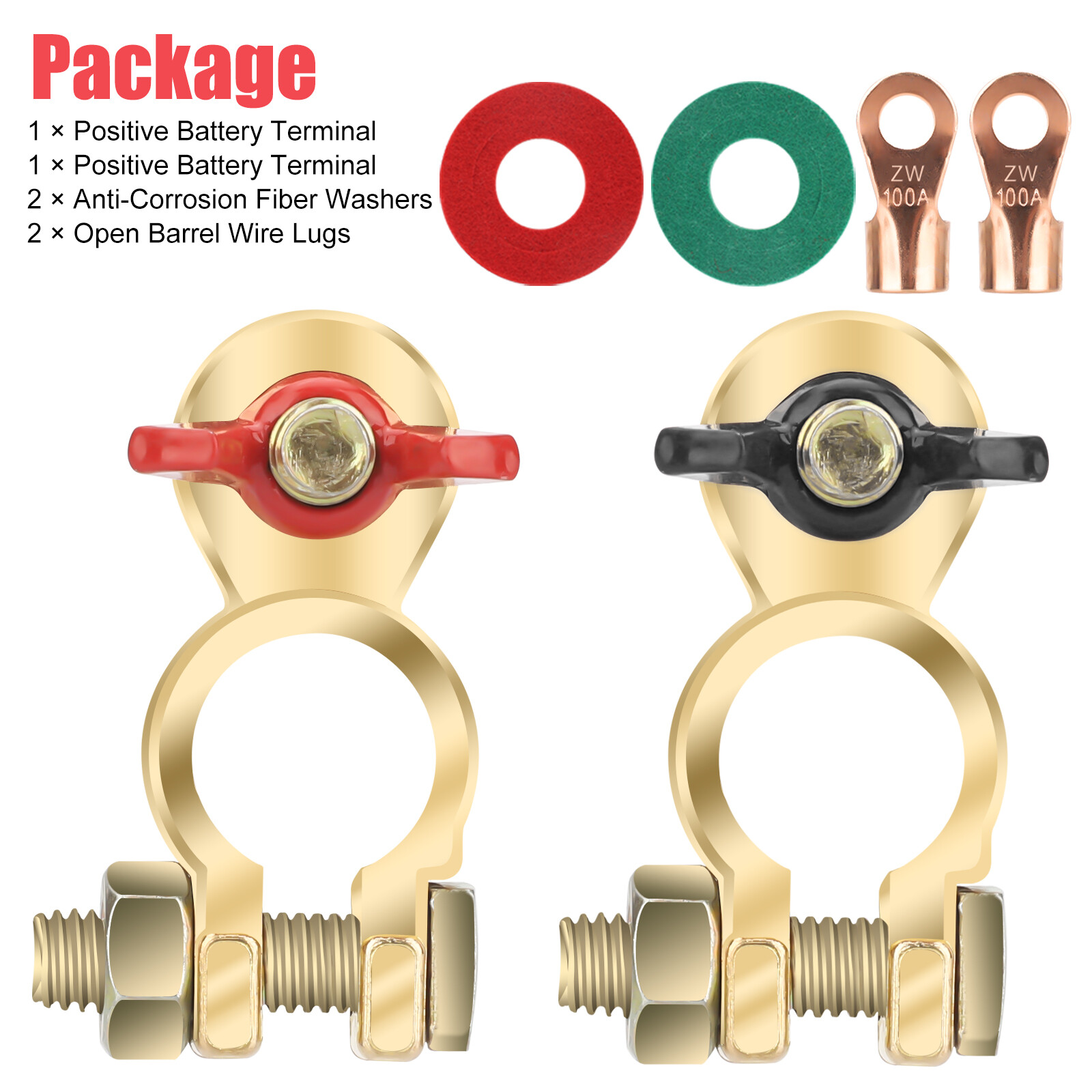 2x Solid Brass Battery Terminal Connector Top Post End Clamps Set for Car Marine