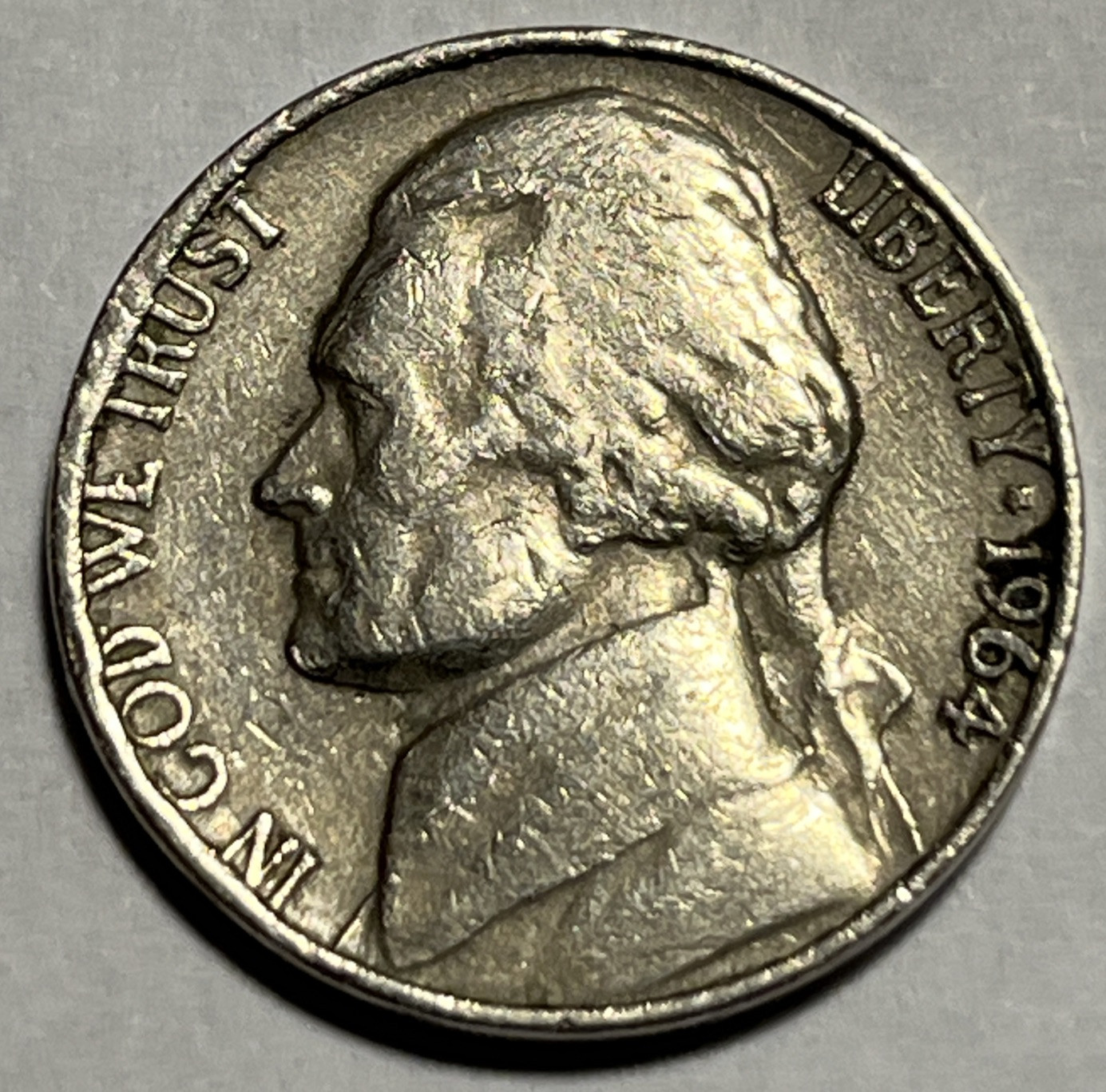 1964 D Roosevelt Nickel Errors Strike Through Grease & Rim Damage