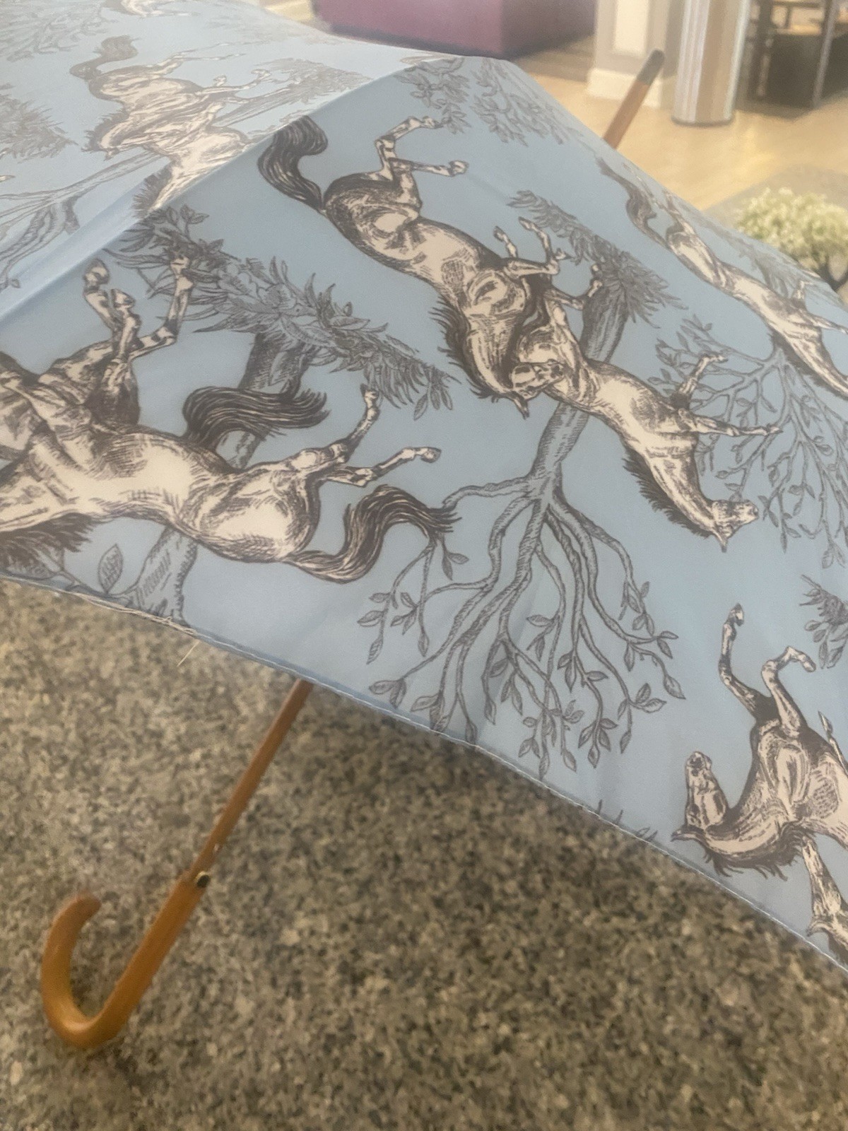 Blue Toile Horse Umbrella Wood Handle Derby Races Horse Shows Polo