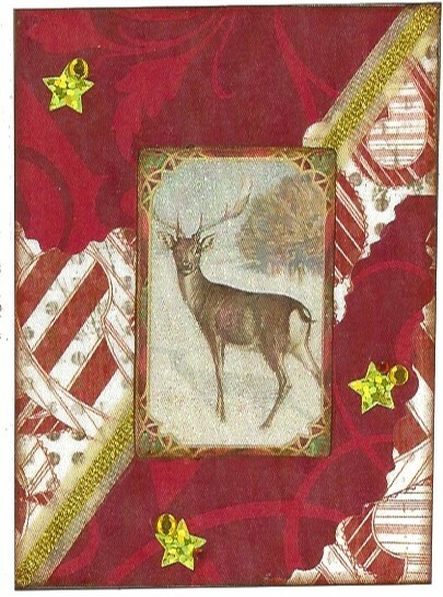 ACEO ATC Art Collage Print Christmas Xmas Snow Deer Reindeer Antlers Red